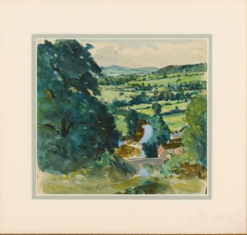 Veduta del paesaggio con fiume e ponte, circa 1919